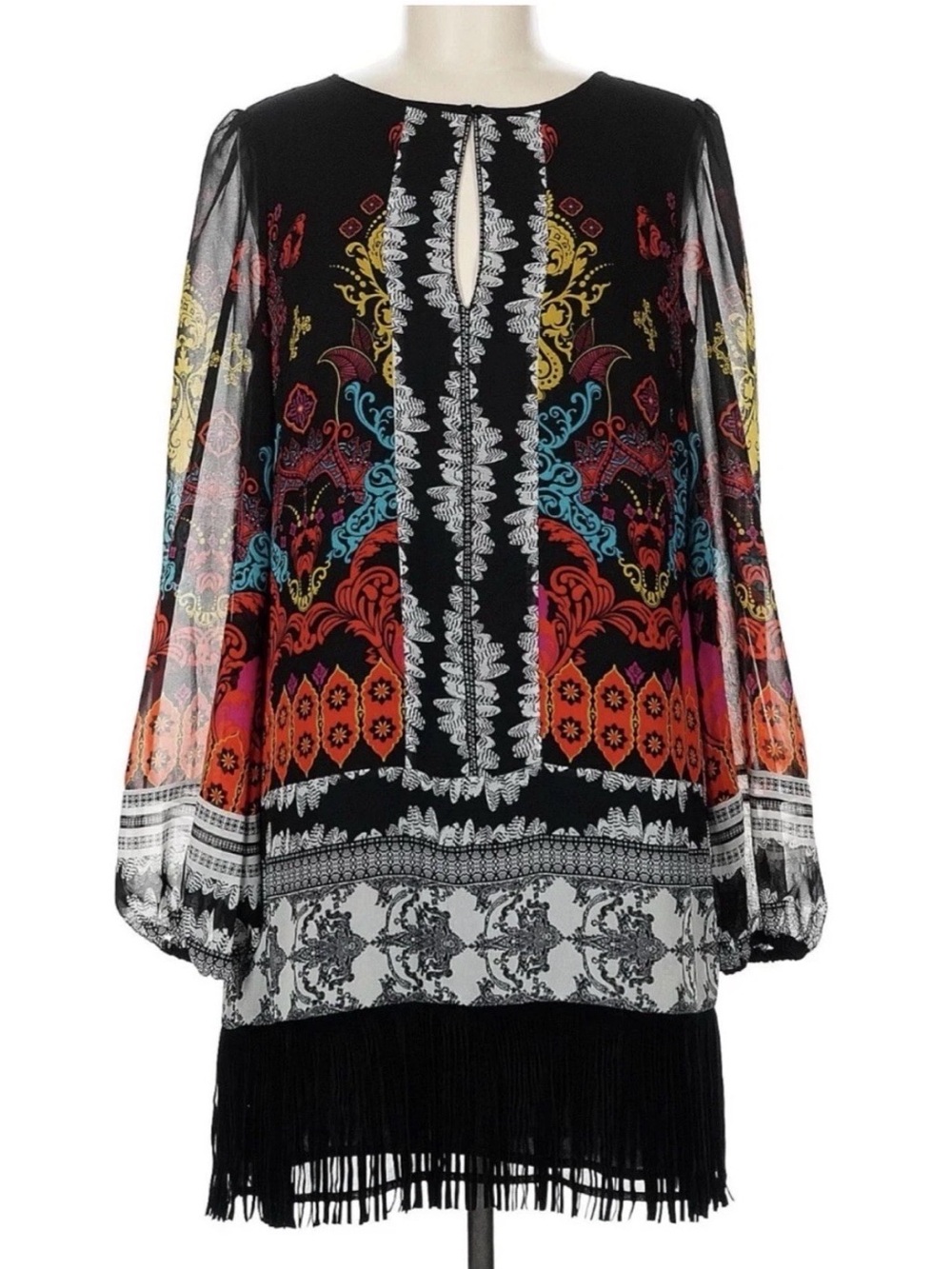 Bebe Fringe Boho Print Dress Size Small Y2K, Celestial, 90s